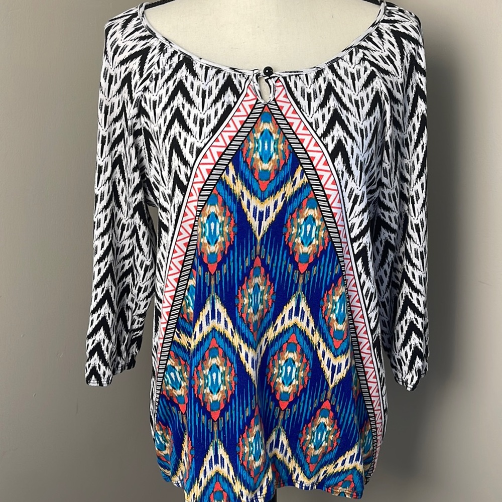 Chico’s 3/4 Sleeve Aztec Multicolored Print Top Blouse Size Large
